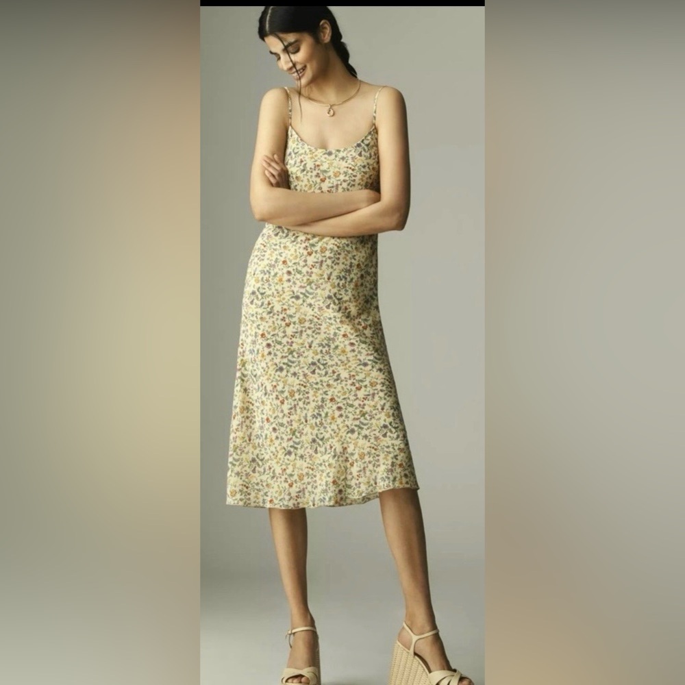 Reformation Emerick Midi Dress Low Cut Pullover in Dainty Yellow Floral Size L